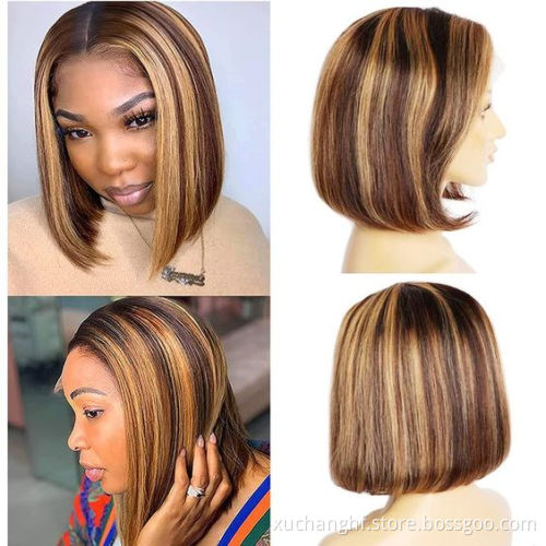 10 12 14 16 Inch Short Highlight Honey Blonde Blunt Cut Bob wig 13x6 Pre Plucked Ombre Straight Bob 150 Transparent Lace Wig